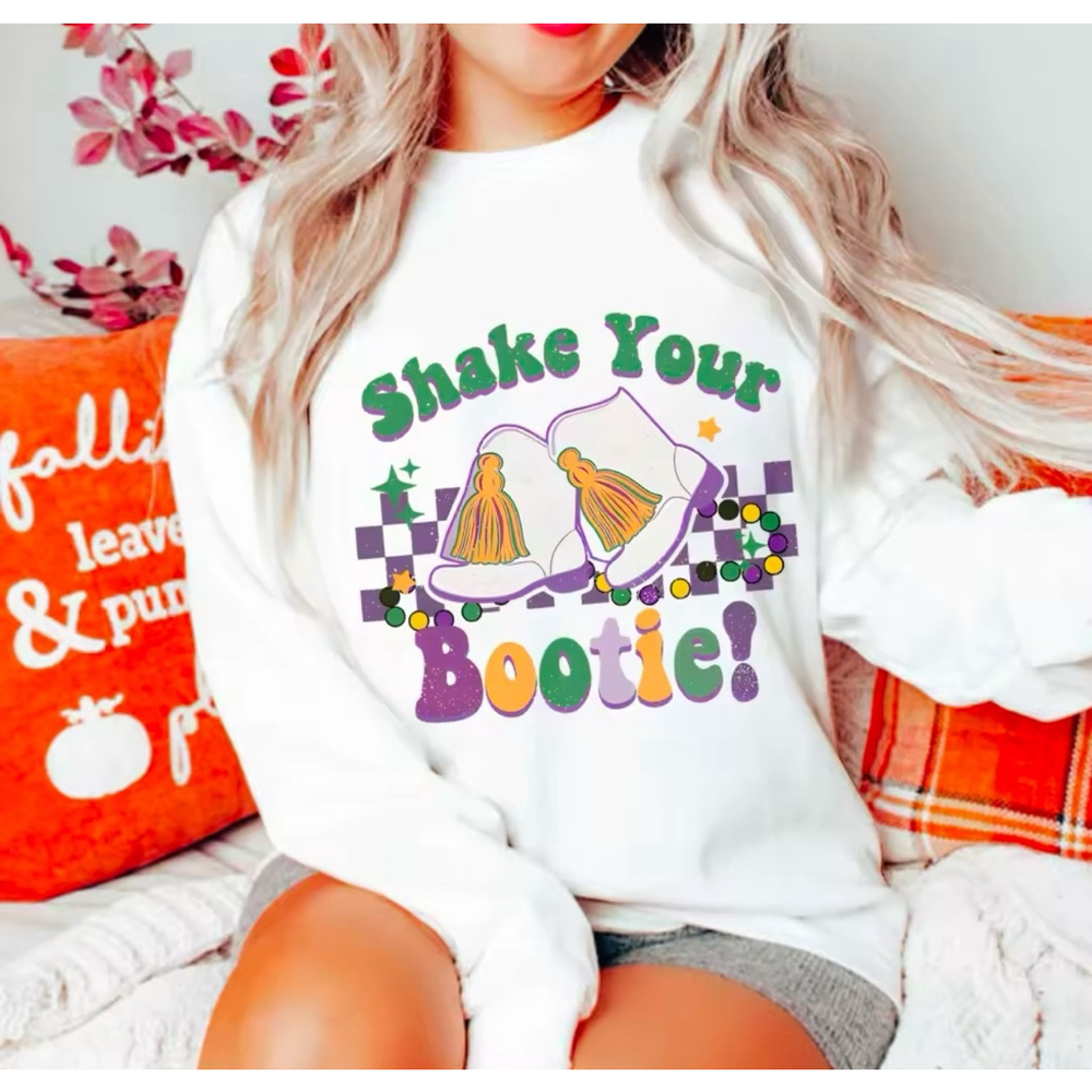 Shake Your Bootie Mardi Gras White Long Sleeve Shirt - Picture 3 of 4